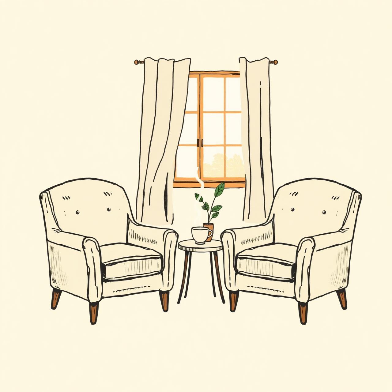 Hand-drawn illustration of two armchairs facing each other by a sunlit window