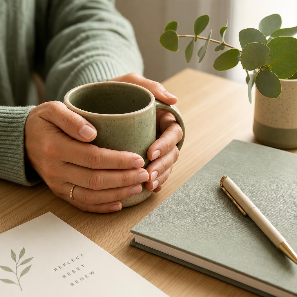 Hands holding a sage-green ceramic mug beside a journal, pen and eucalyptus on a light wooden table