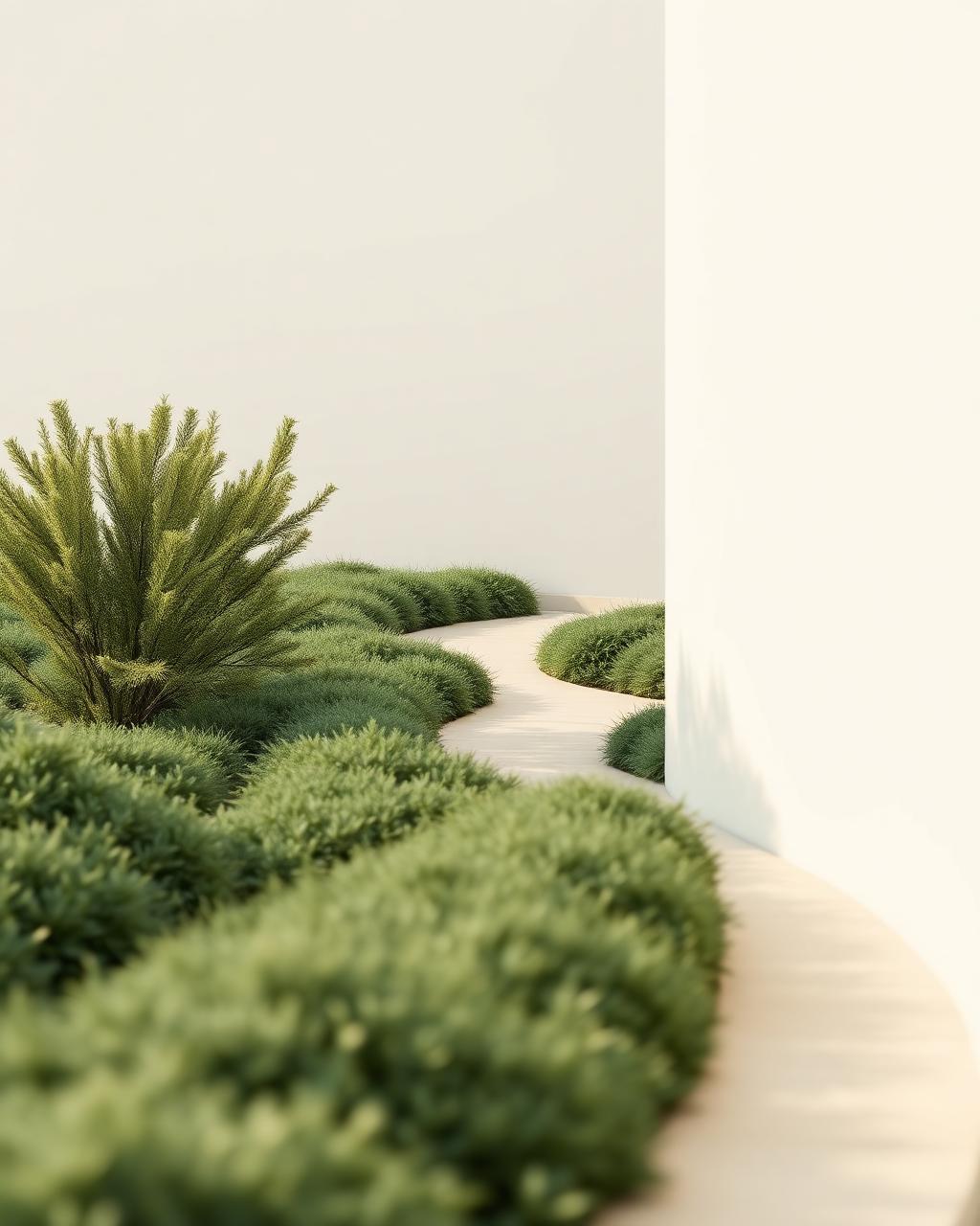 A serene modern path winding through soft greenery
