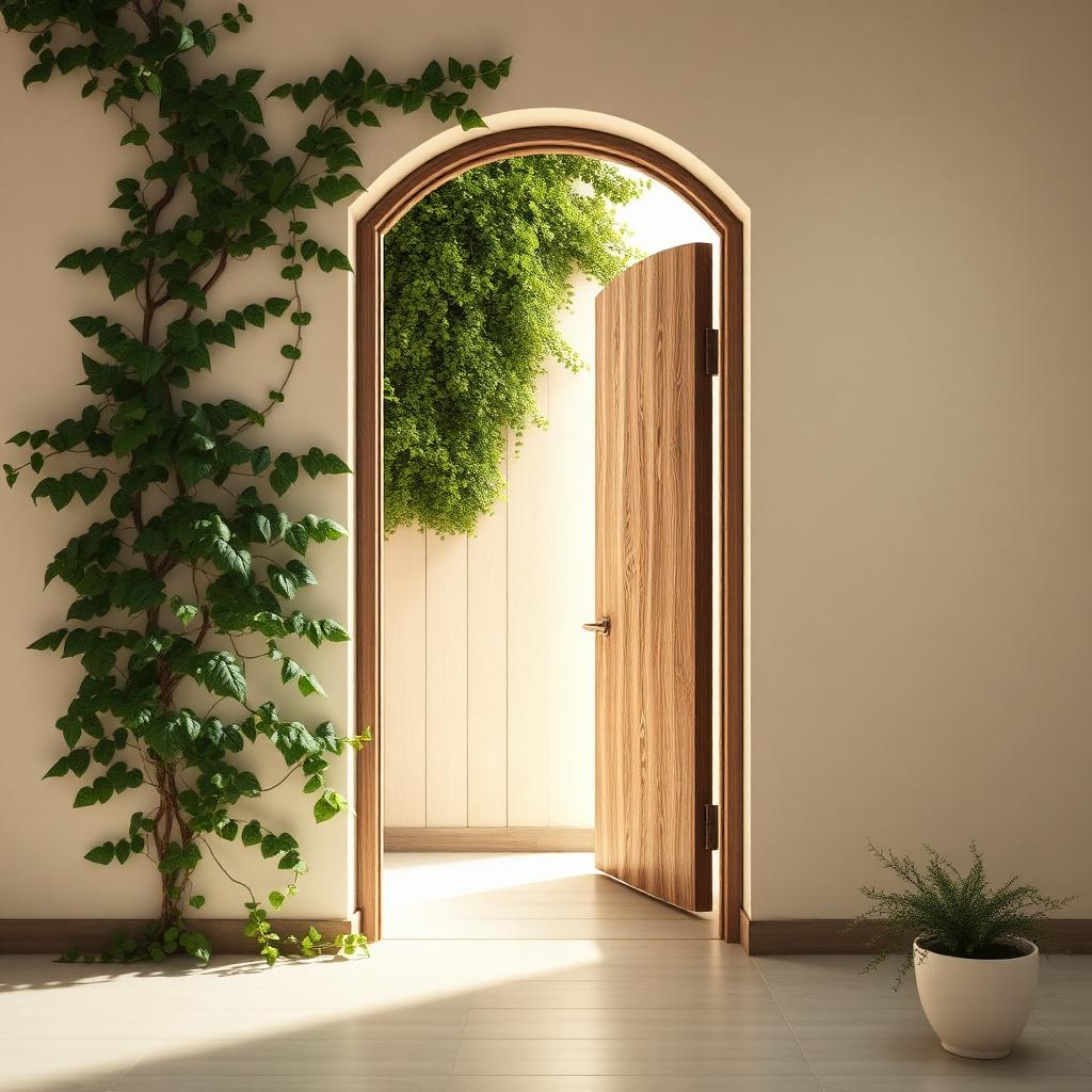 A modern open wooden doorway with soft light and climbing green ivy