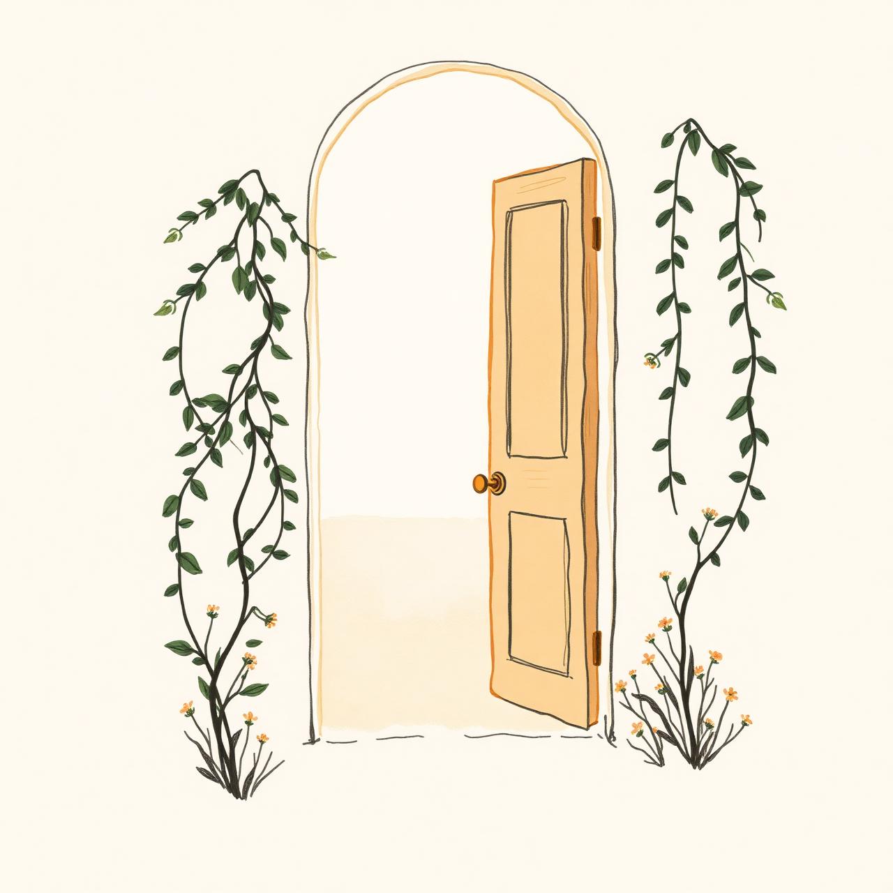 Hand-drawn illustration of an open doorway framed by climbing plants and wildflowers