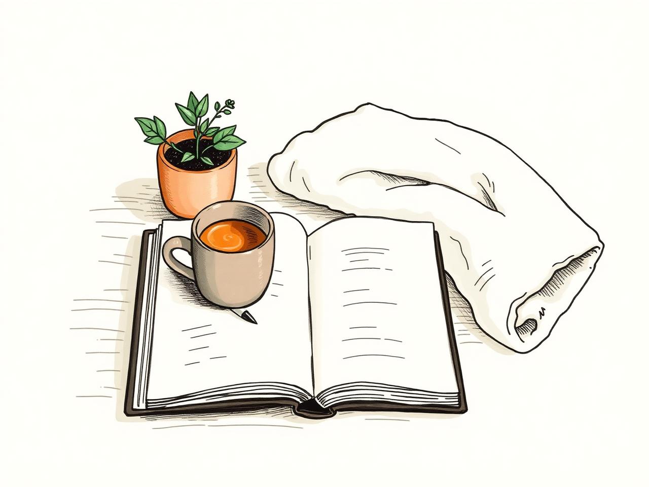 Hand-drawn illustration of an open notebook, a warm mug of tea and a small plant