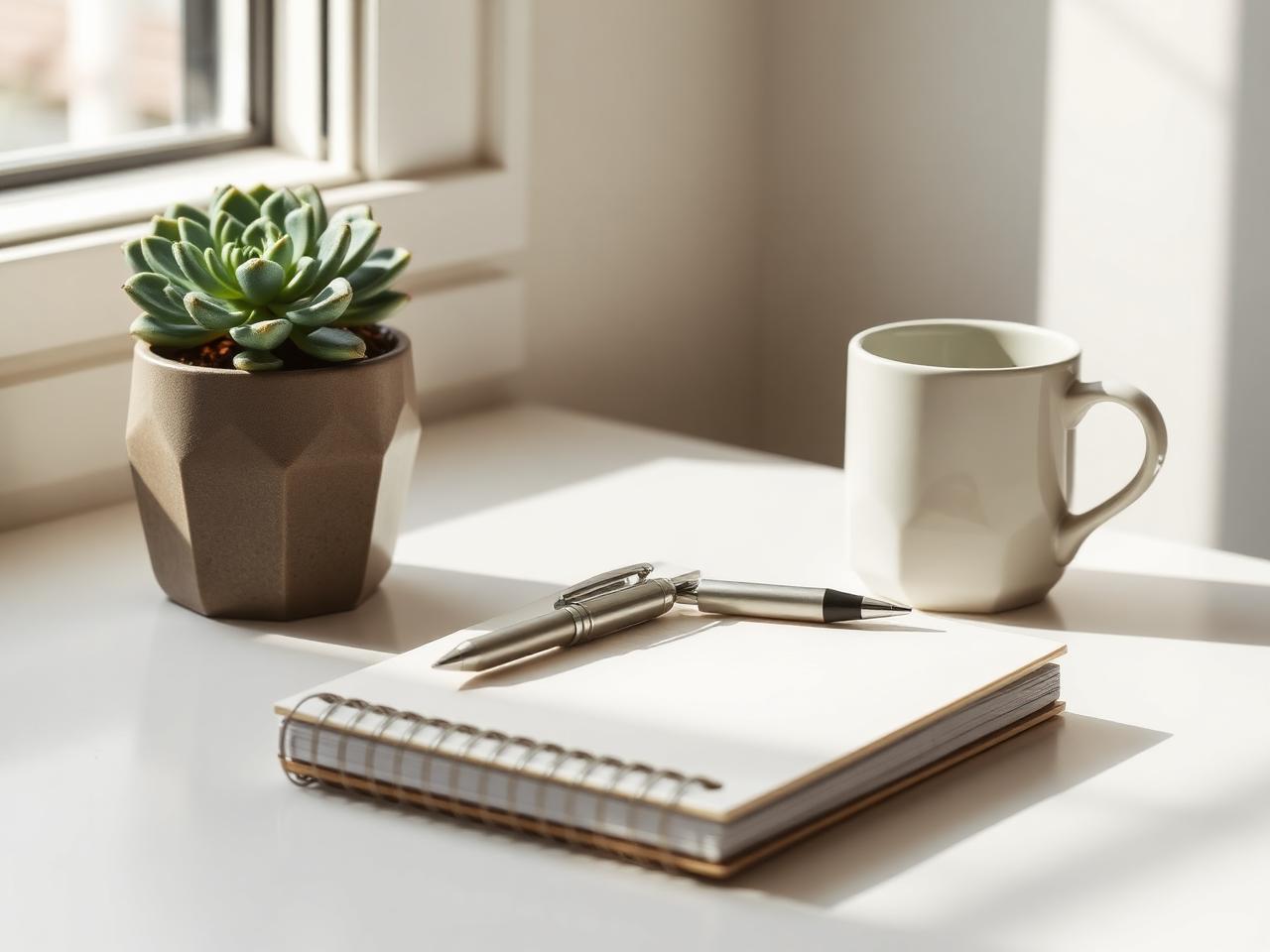 A calm still life with a notebook, pen, mug and small succulent