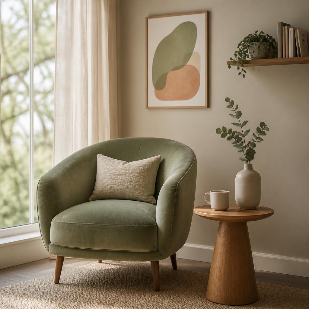 A calm therapy room corner with a sage-green armchair by a sunlit window, eucalyptus and soft neutral tones