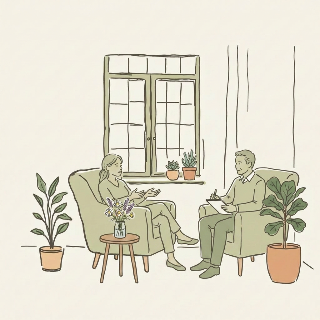 Illustration of a person sitting quietly in a chair by a sunlit window