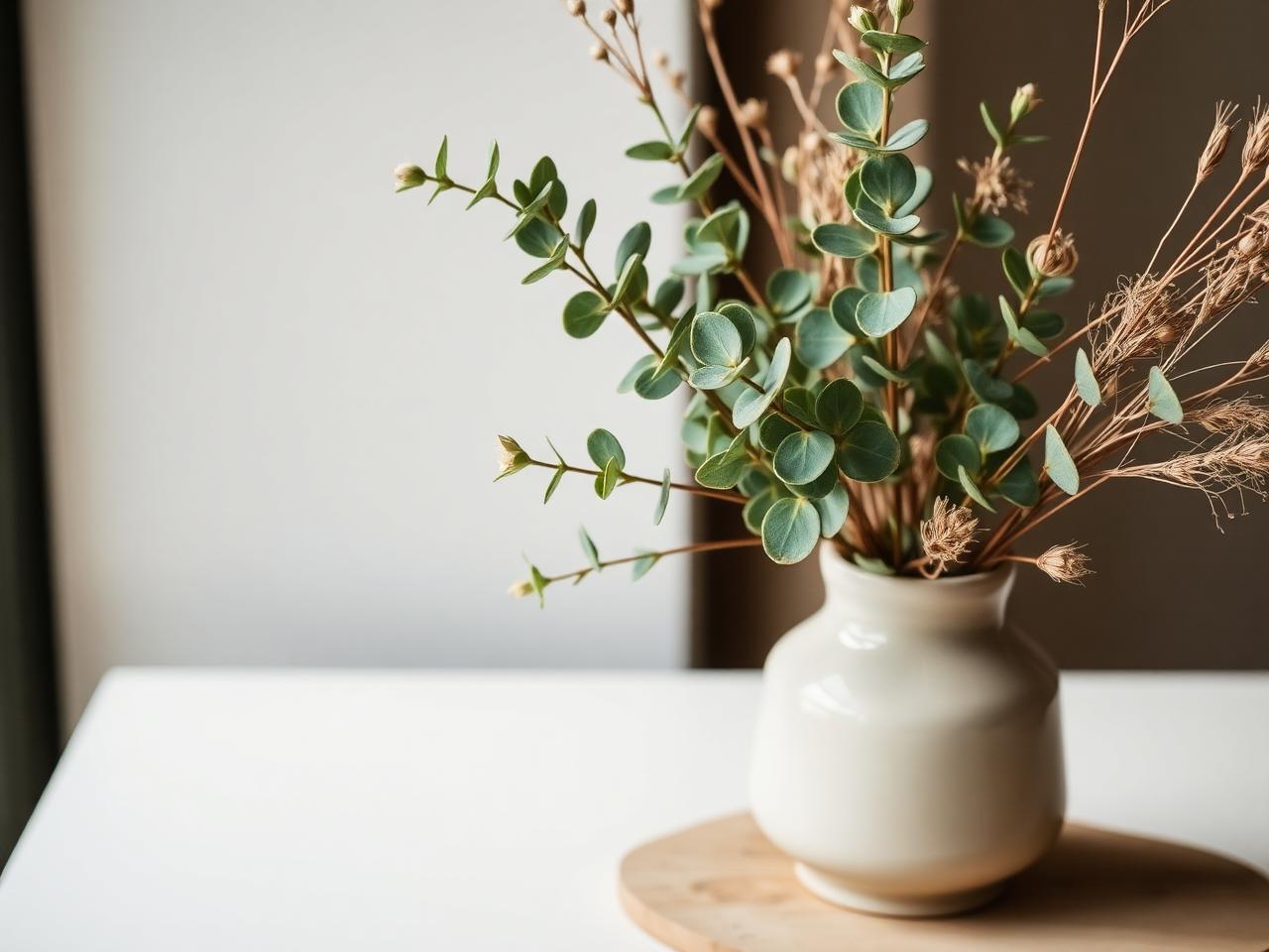 Modern eucalyptus and dried botanical stems in a ceramic vase