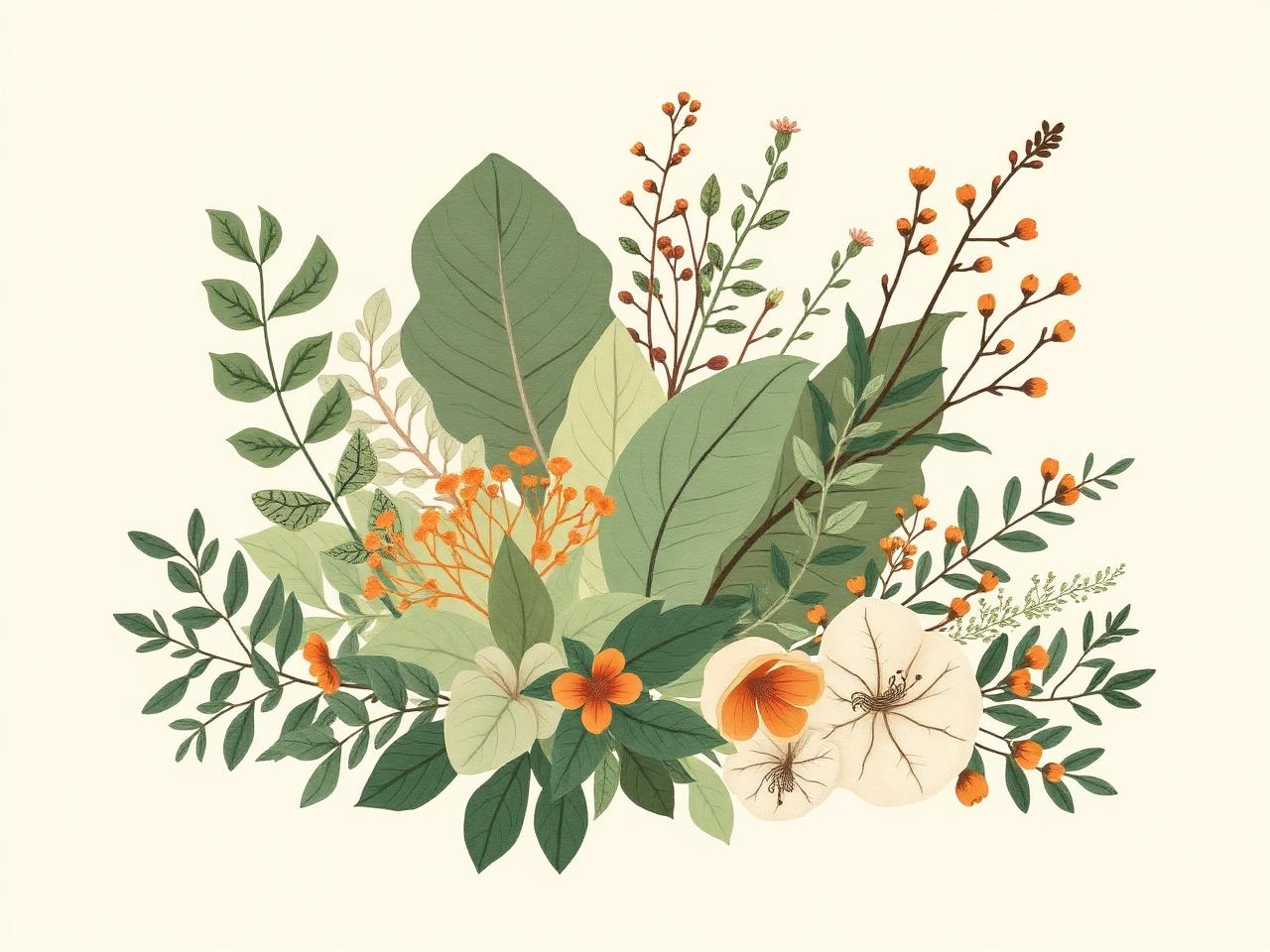 Hand-drawn botanical arrangement of leaves and wildflowers